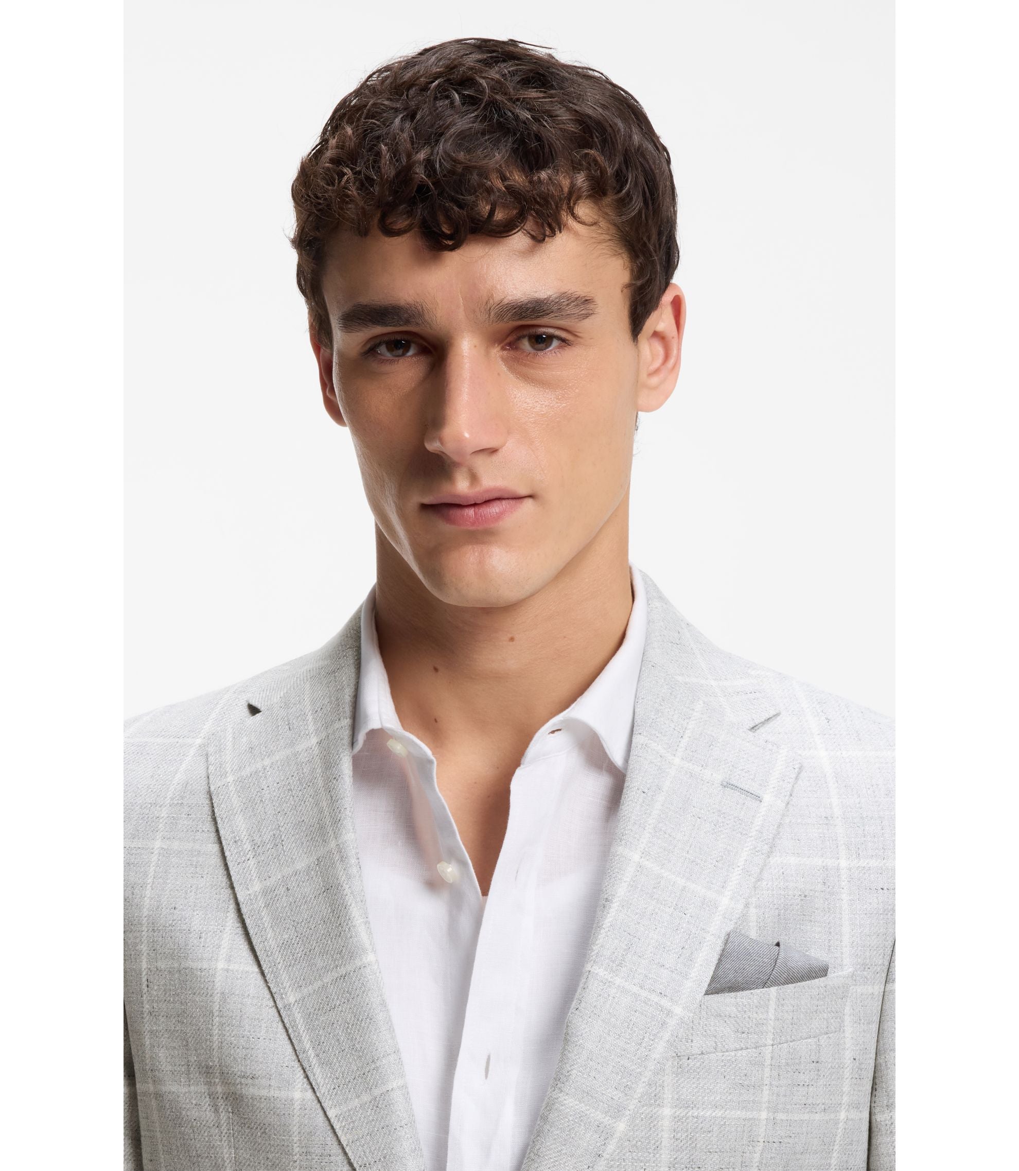 Boss Checked Slim Fit Jacket In Linen And Virgin Wool Light Grey