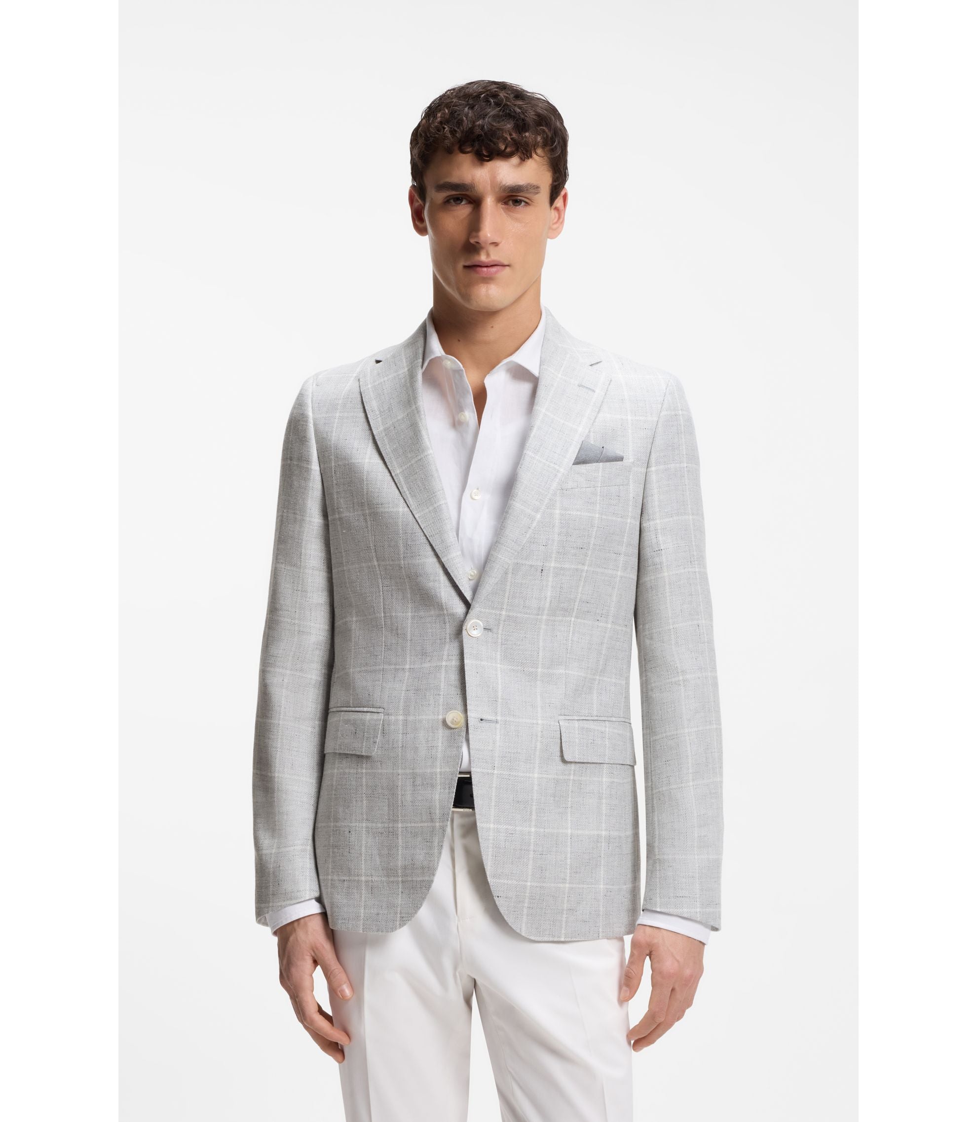 Boss Checked Slim Fit Jacket In Linen And Virgin Wool Light Grey