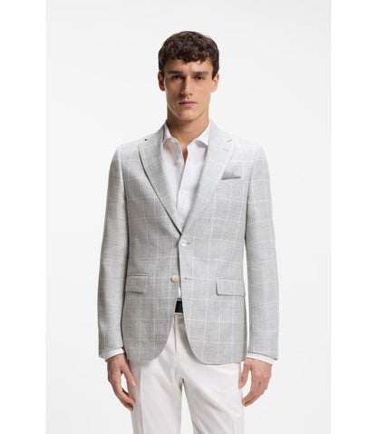 Boss Checked Slim Fit Jacket In Linen And Virgin Wool Light Grey