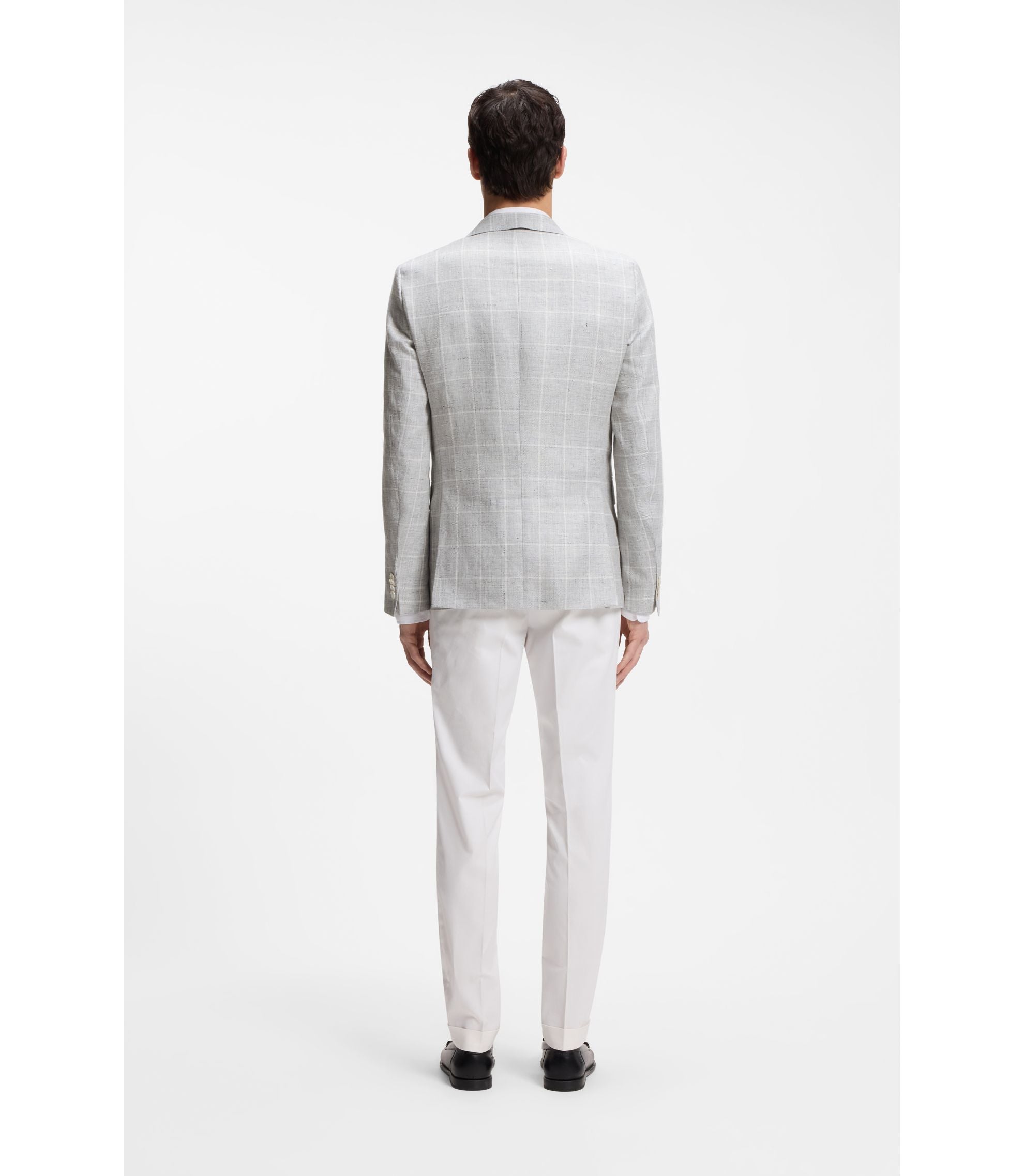 Boss Checked Slim Fit Jacket In Linen And Virgin Wool Light Grey