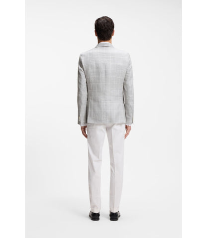 Boss Checked Slim Fit Jacket In Linen And Virgin Wool Light Grey