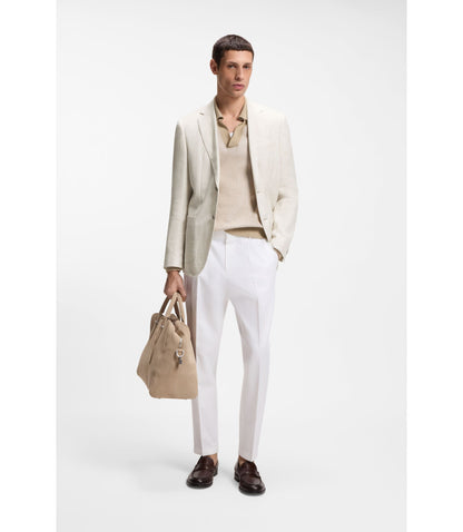 Boss Slim Fit Blazer In Checked Linen Cotton And Silk Light Beige