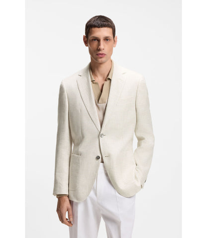 Boss Slim Fit Blazer In Checked Linen Cotton And Silk Light Beige