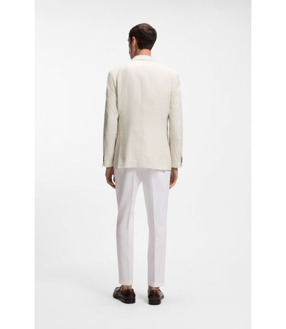 Boss Slim Fit Blazer In Checked Linen Cotton And Silk Light Beige