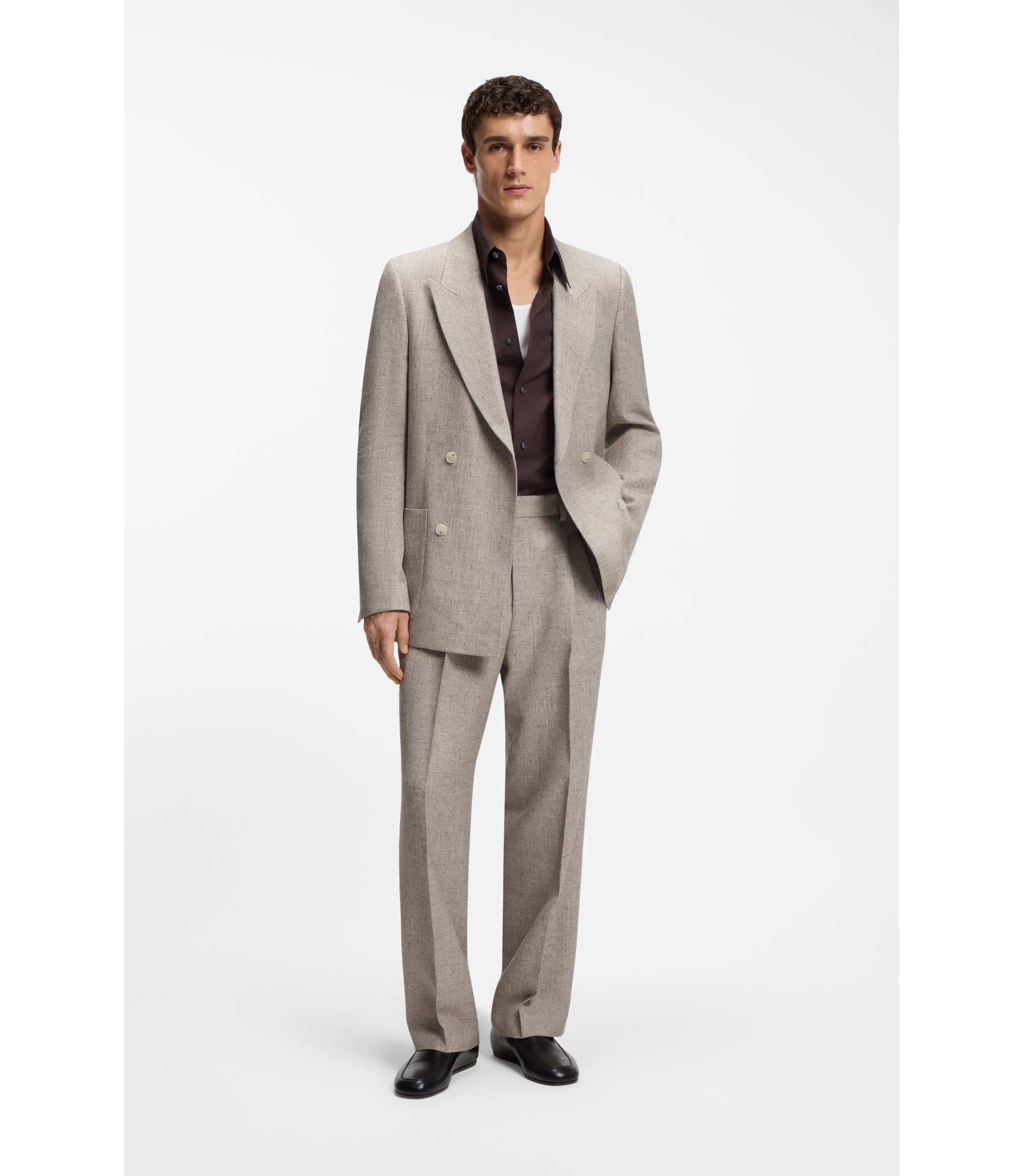 Boss Relaxed Fit Double Breasted Blazer With Micro Pattern Light Beige