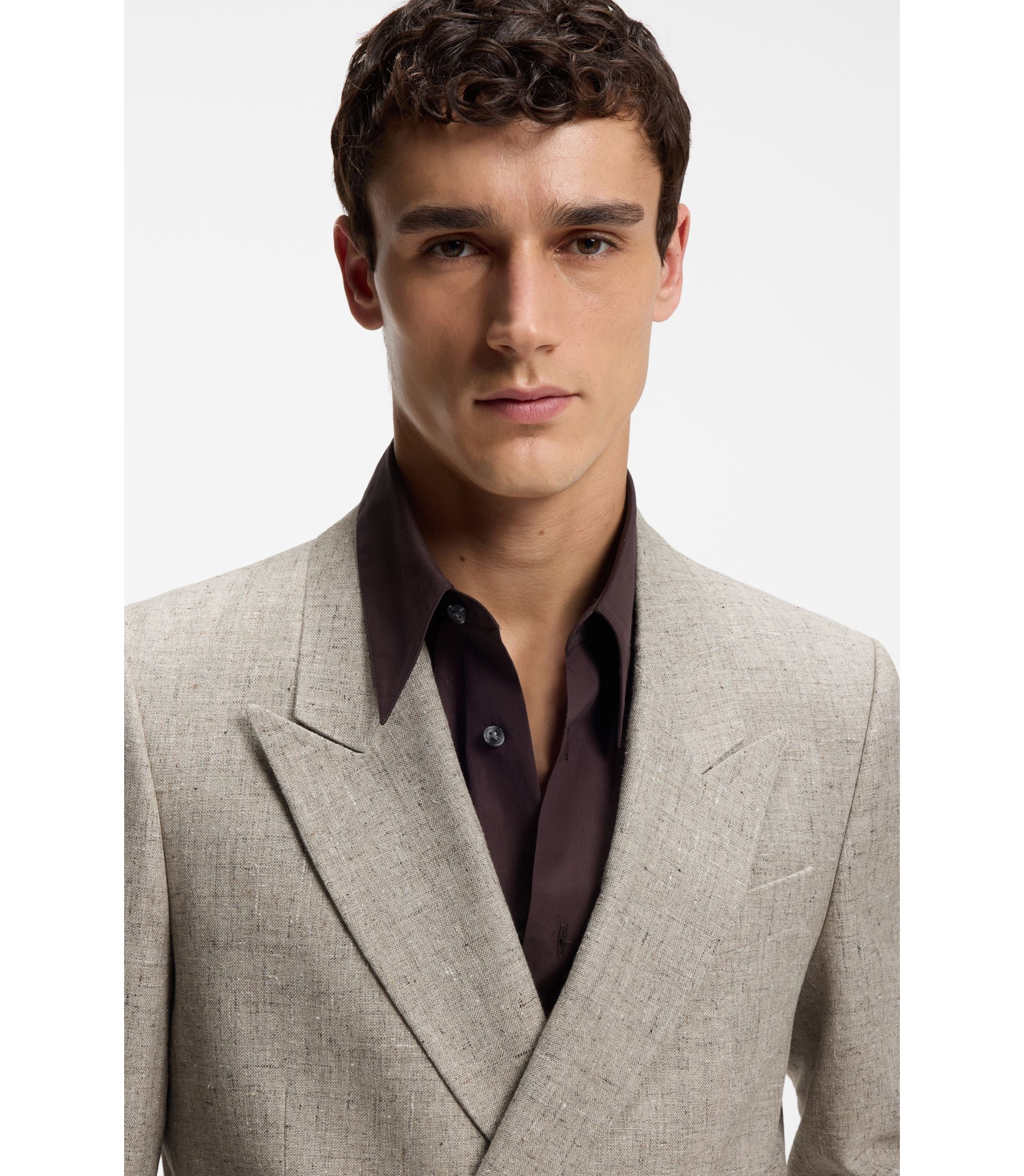 Boss Relaxed Fit Double Breasted Blazer With Micro Pattern Light Beige