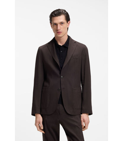 Boss Slim Fit Jacket In Tech Linen Dark Brown