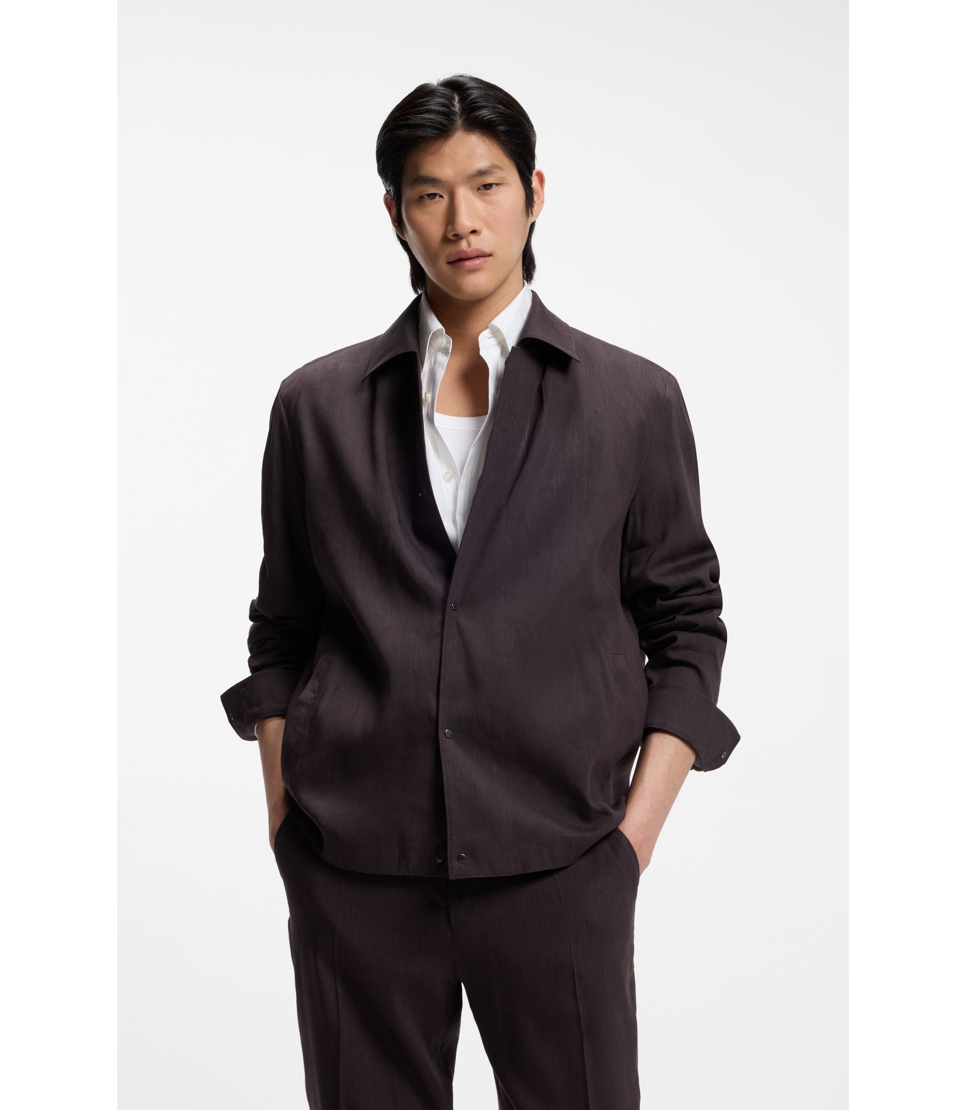 Boss Relaxed Fit Overshirt In A Linen Blend Dark Brown