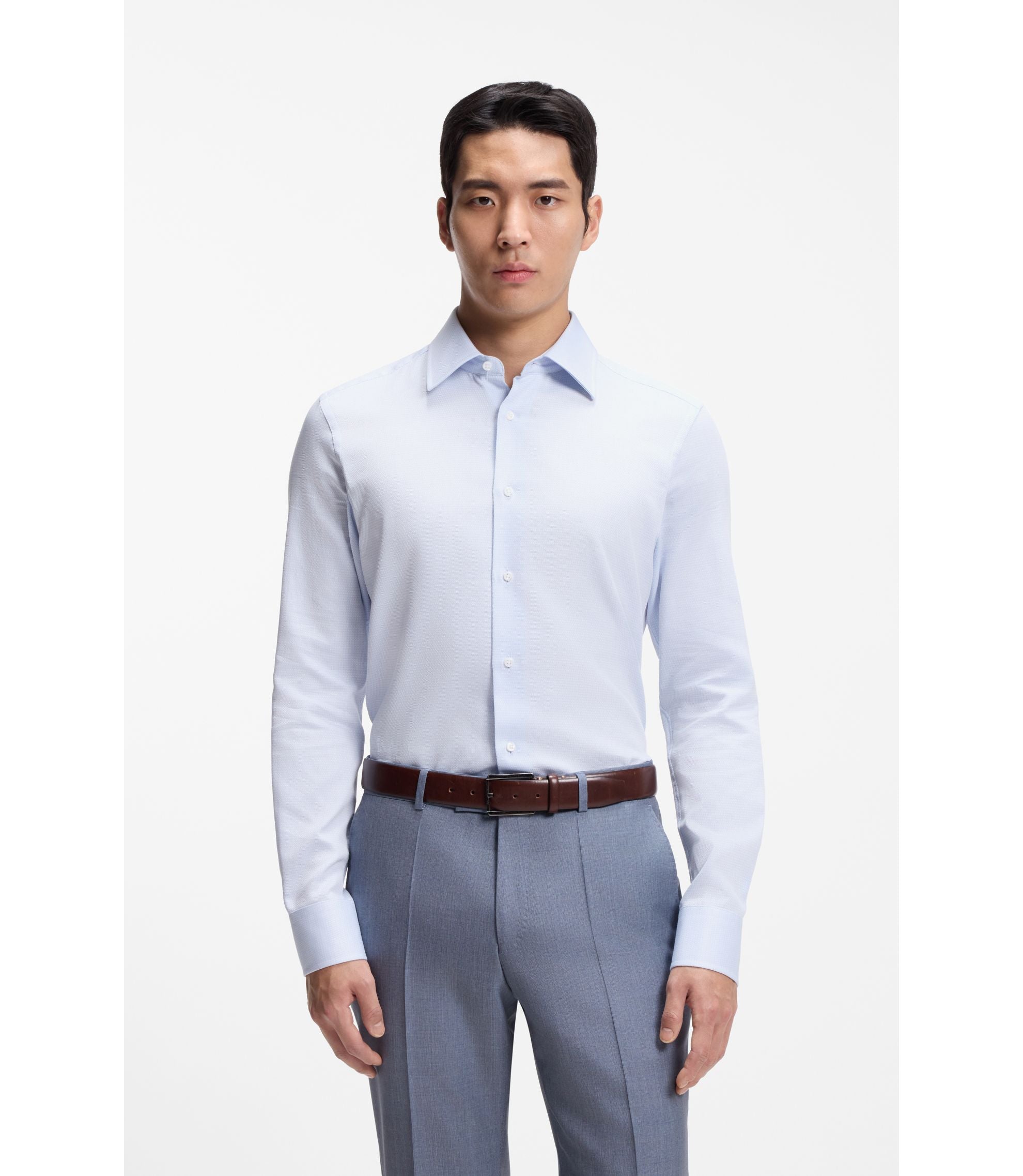 Boss Slim Fit Shirt In Italian Made Structured Cotton Light Blue