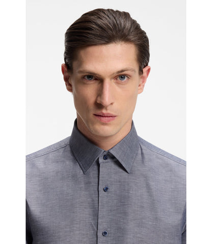 Boss Slim Fit Shirt In Linen Blend Twill Dark Blue