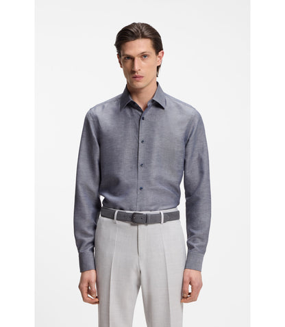 Boss Slim Fit Shirt In Linen Blend Twill Dark Blue