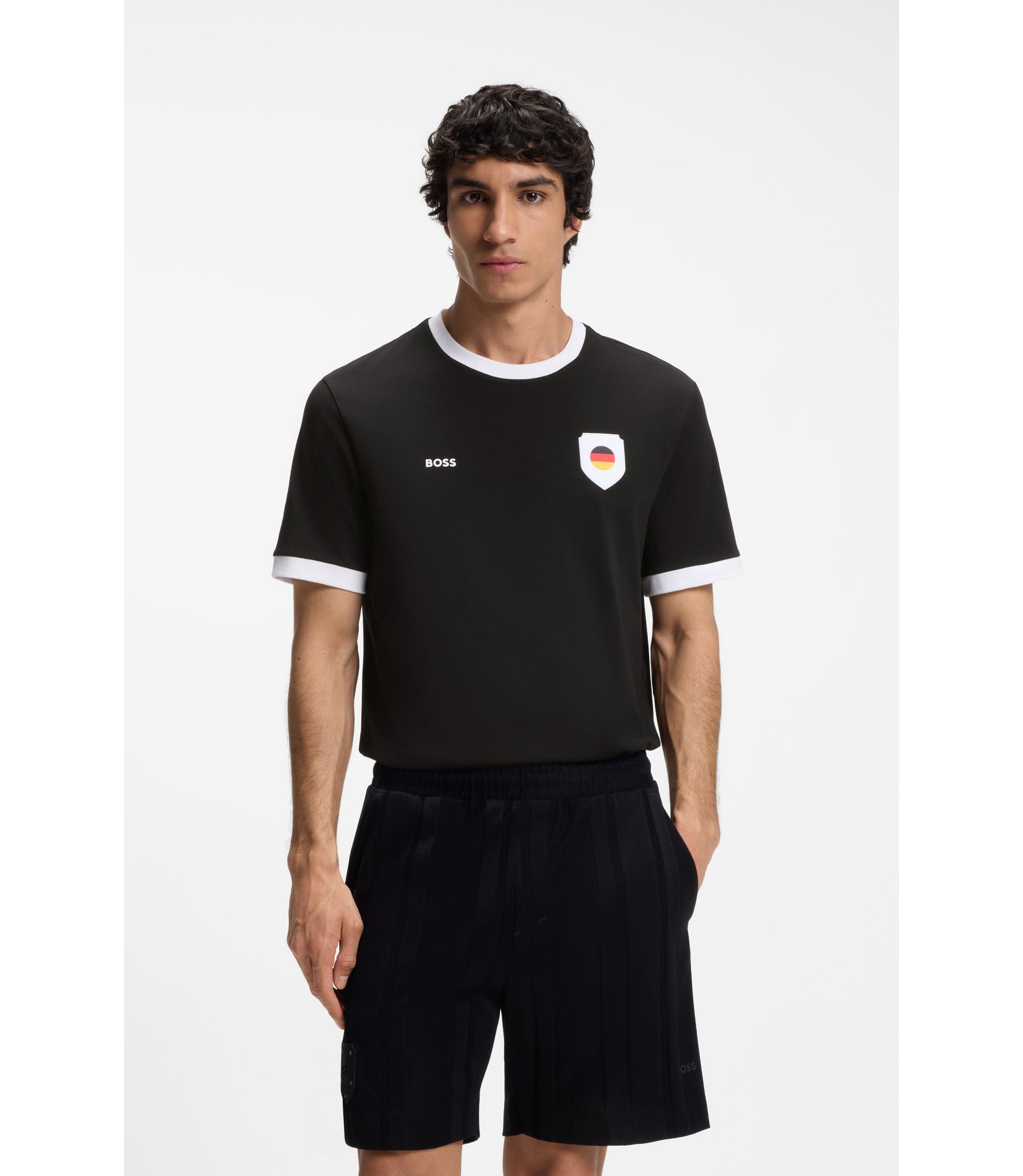 Boss Stretch Cotton T Shirt With Country Flag And Logo Germany Black