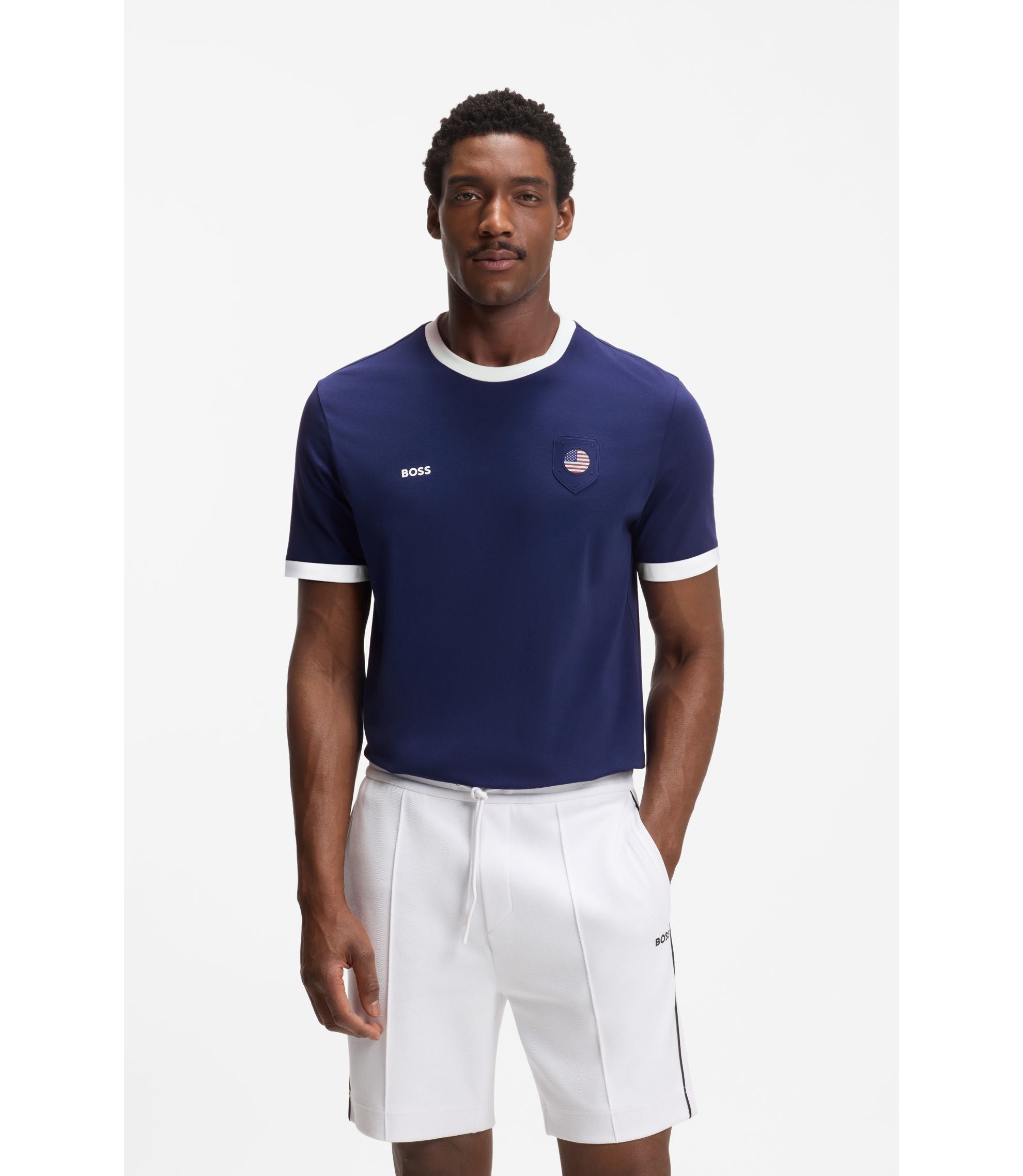 Boss Stretch Cotton T Shirt With Country Flag And Logo Usa Blue