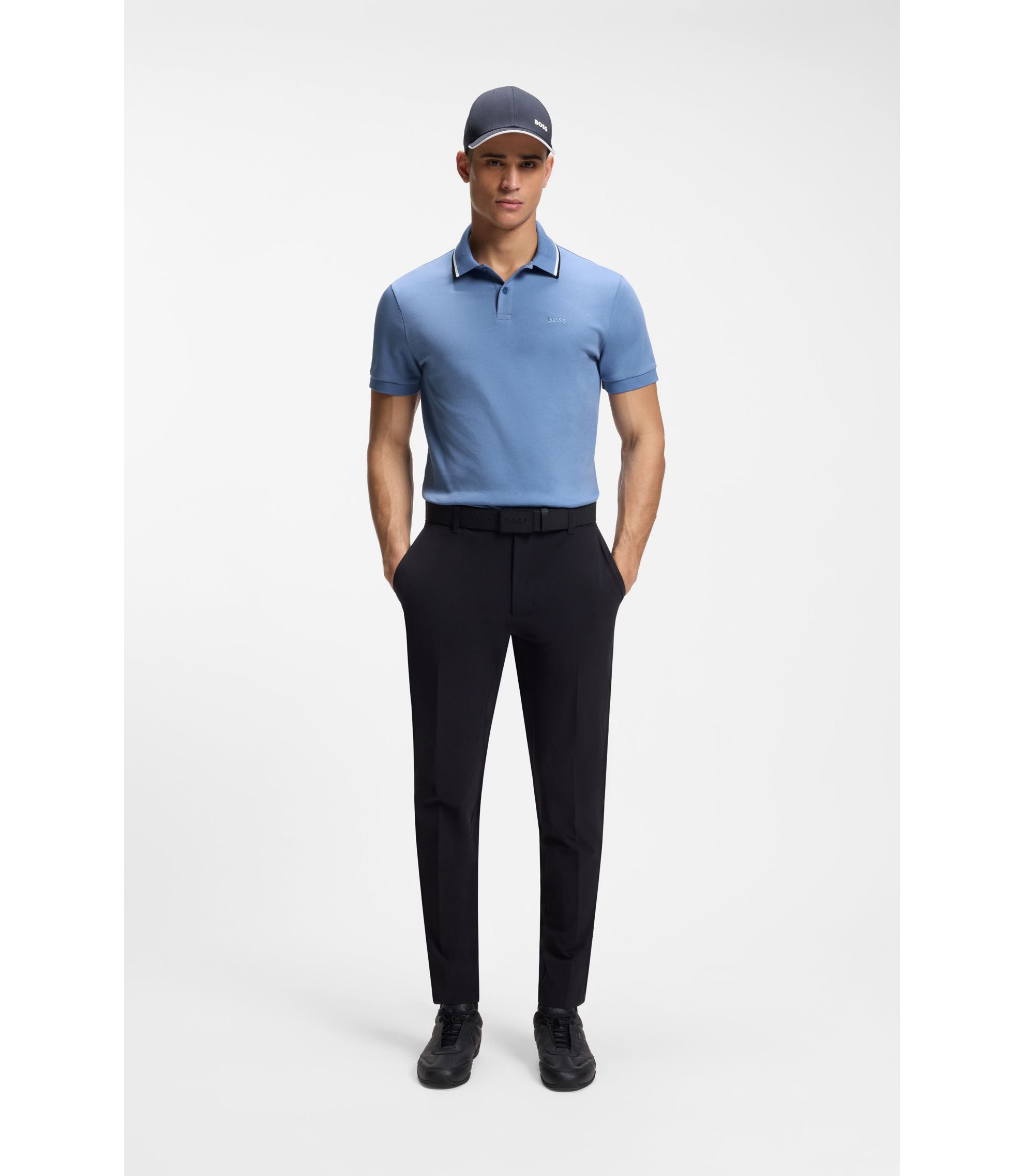Boss Paddy Slim Fit Polo Shirt In Interlock Cotton Light Blue