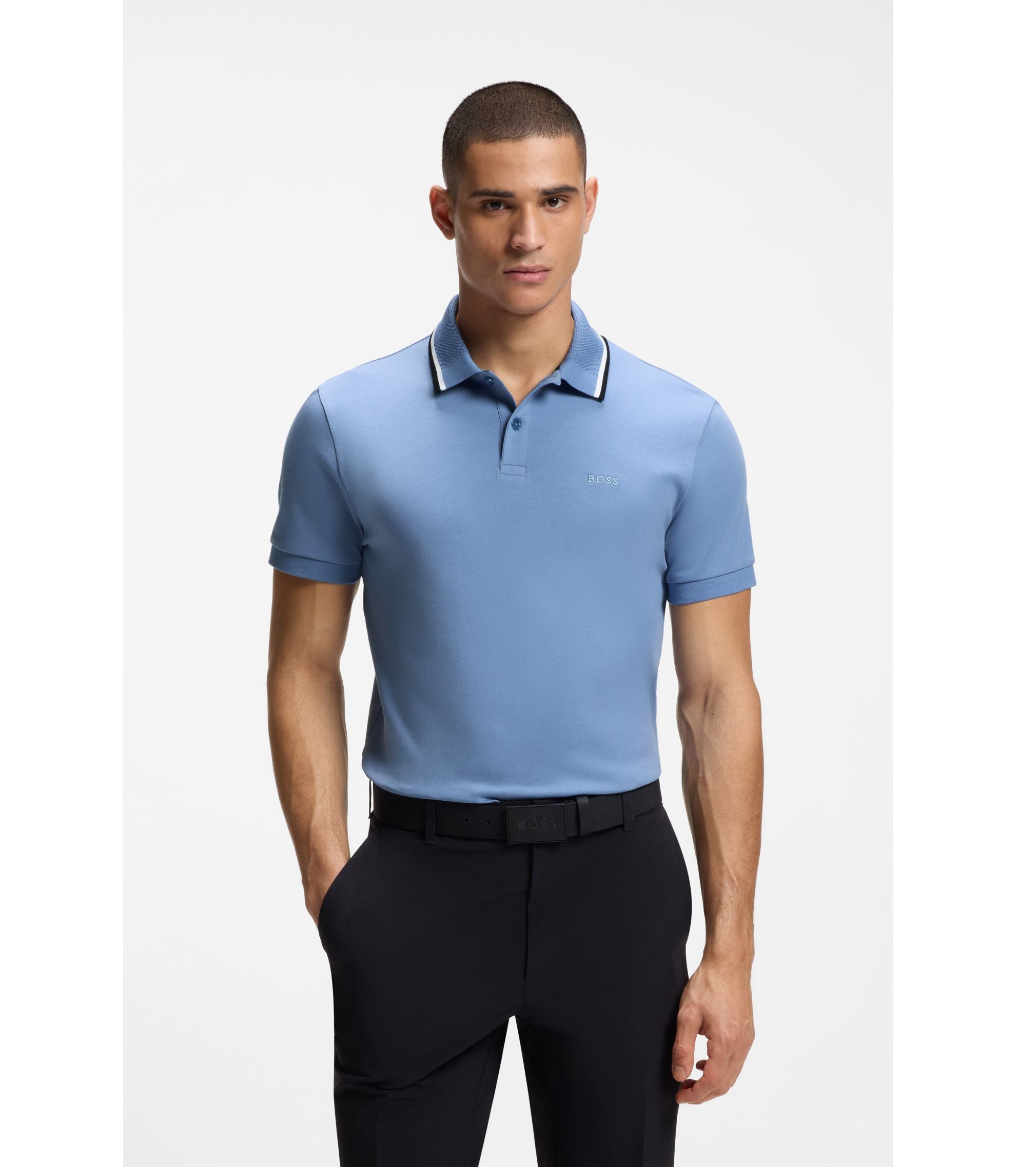 Boss Paddy Slim Fit Polo Shirt In Interlock Cotton Light Blue