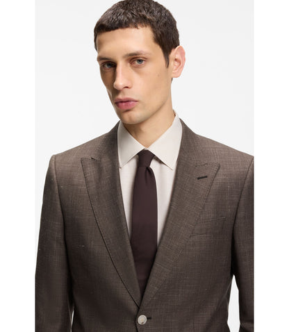 Boss Slim Fit Jacket In Virgin Wool Silk And Linen Dark Brown