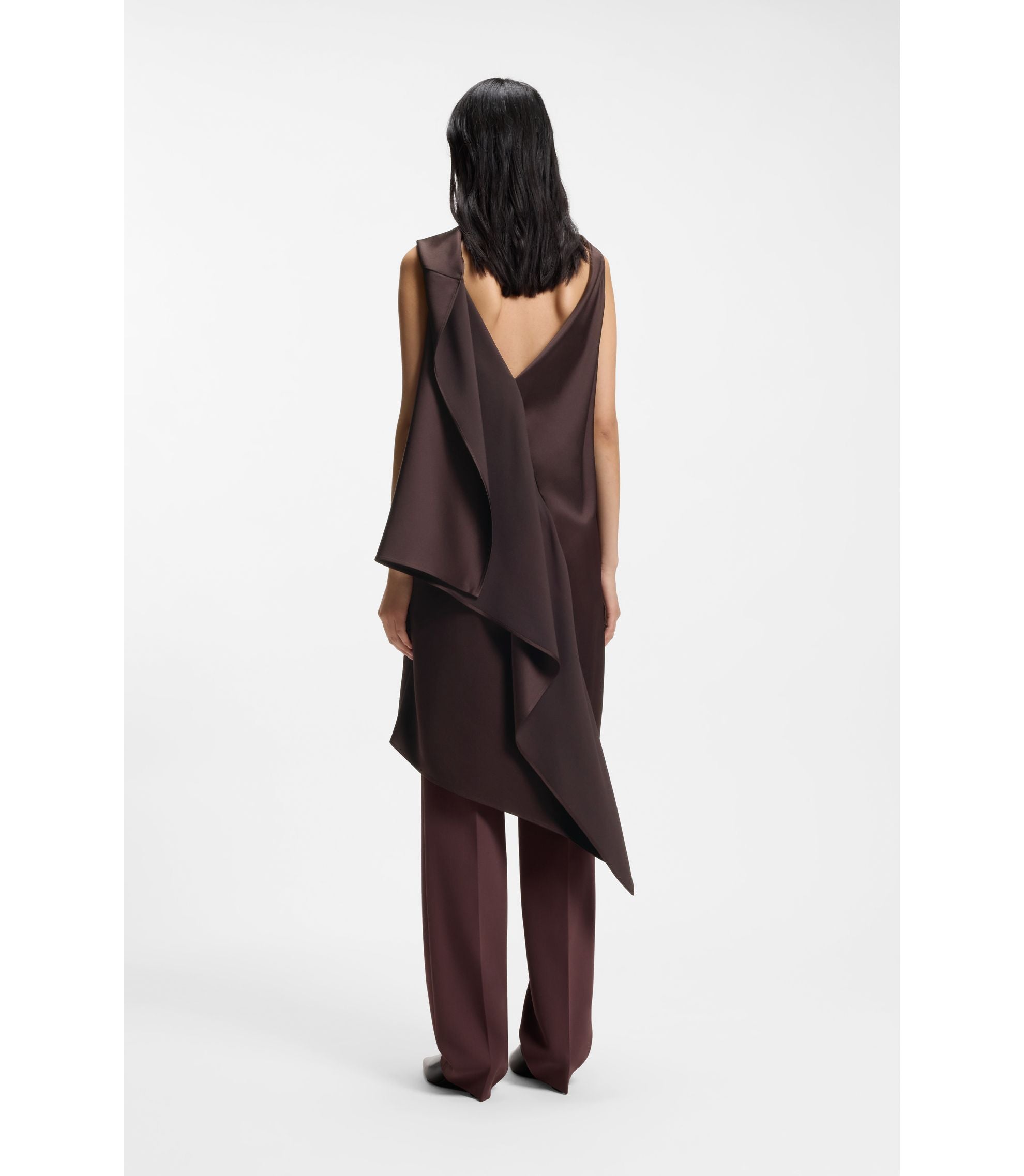 Boss High Shine Asymmetric Dress With Drape Neck Dark Brown Women's