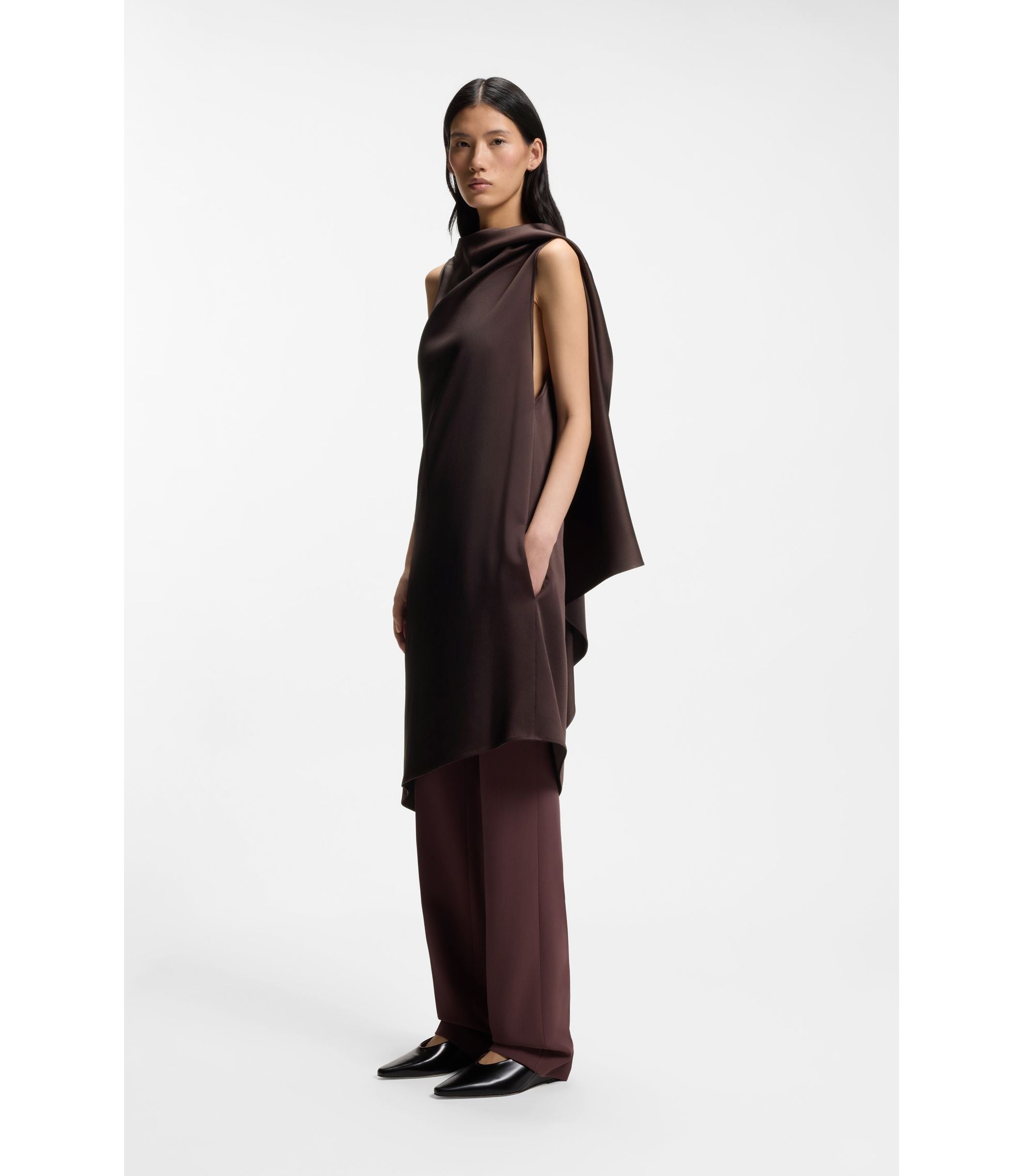 Boss High Shine Asymmetric Dress With Drape Neck Dark Brown Women's