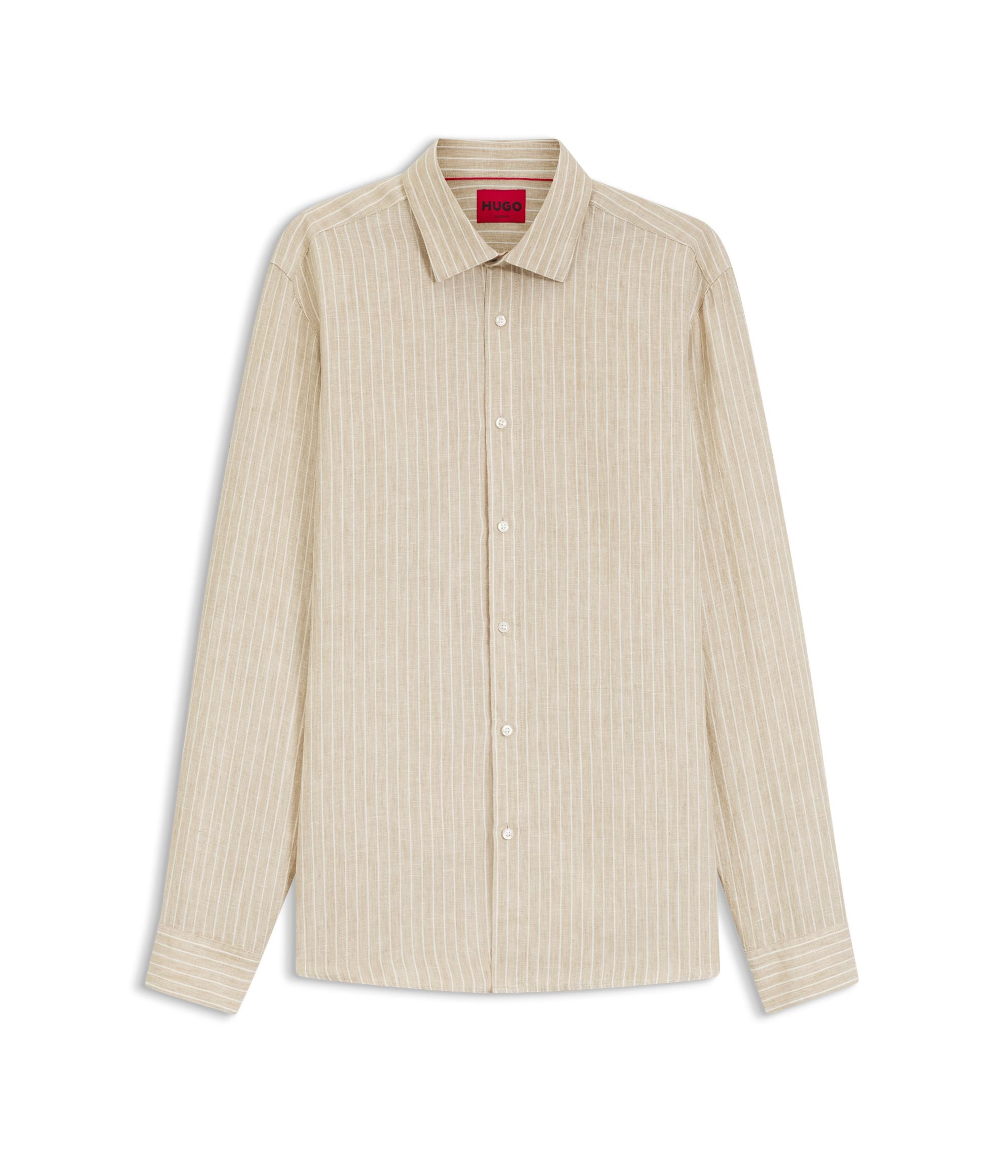 Hugo Modern Fit Shirt In Striped Linen Beige
