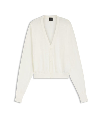 Boss Linen Cotton Cardigan With Buttoned Front White Women's