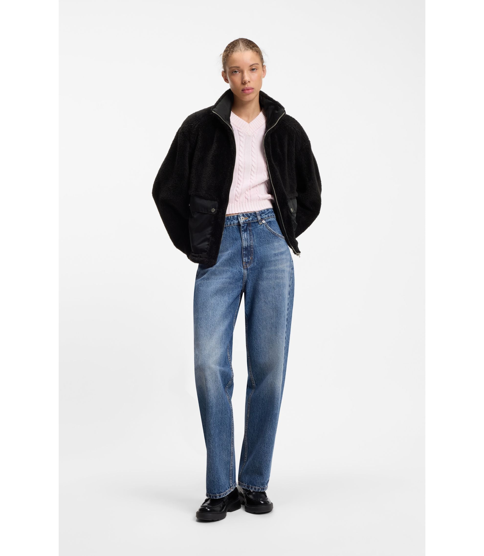 Hugo Faux Fur Coat With Contrasting Patch Pockets Black Women's