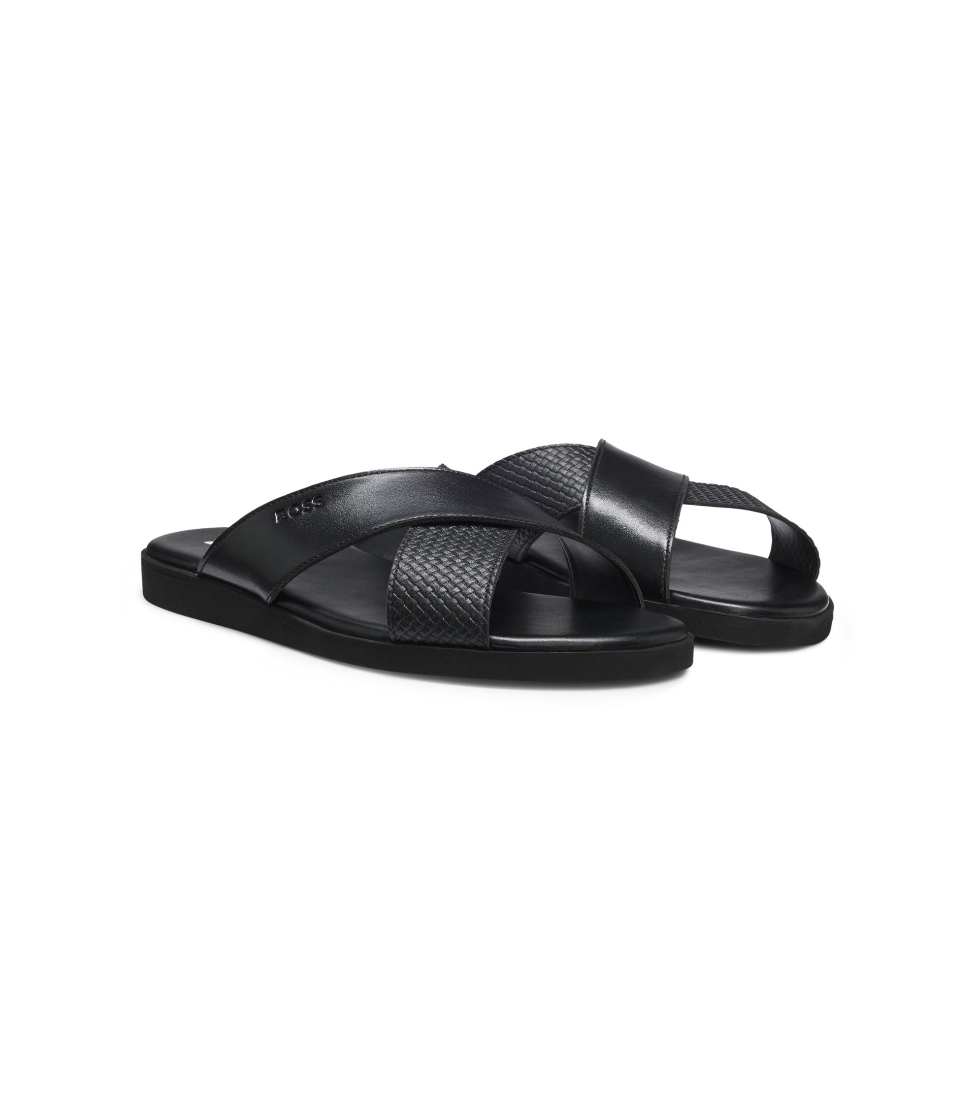 Boss Faux Leather Slides With Plain And Patterned Straps Black Black