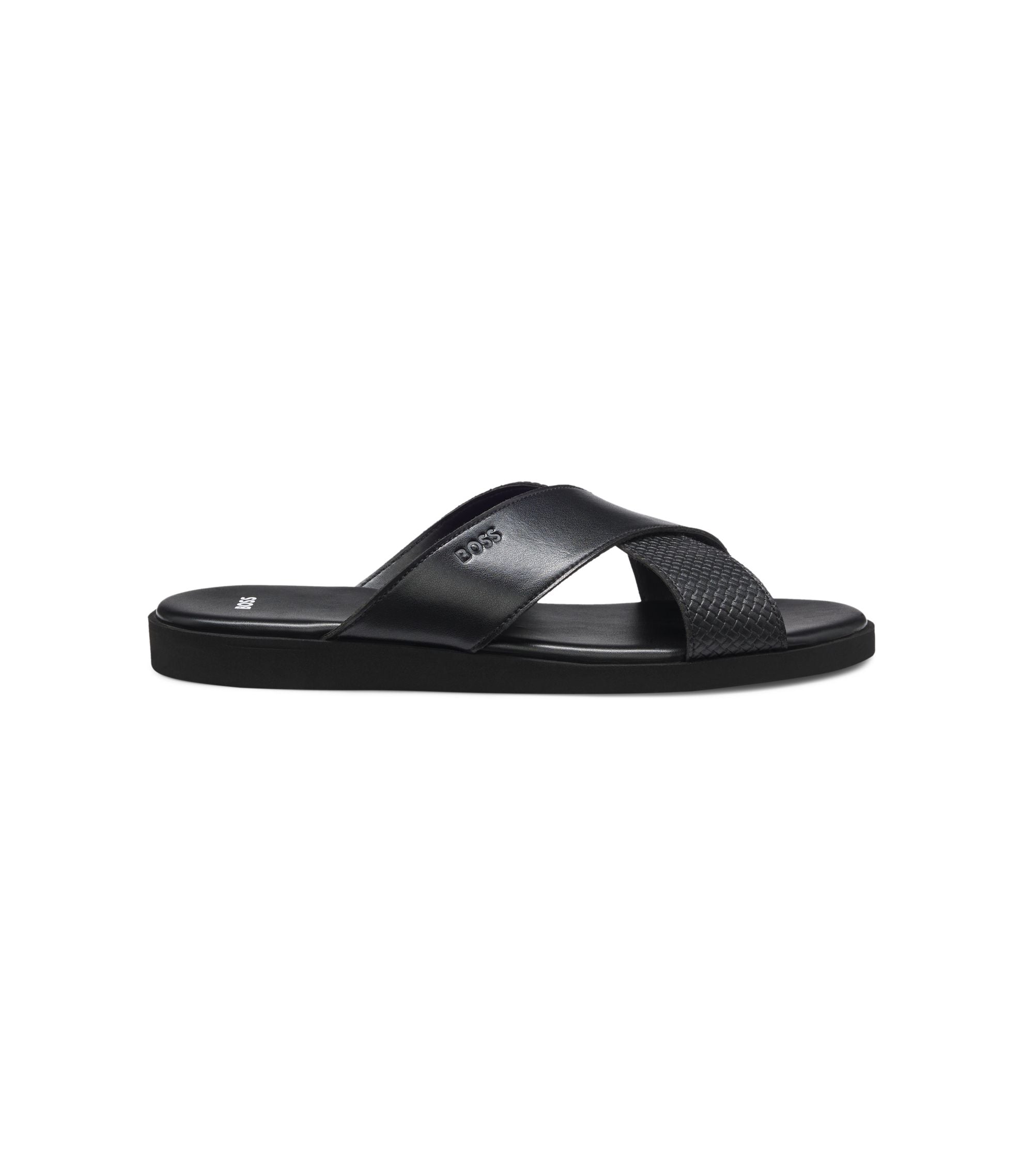 Boss Faux Leather Slides With Plain And Patterned Straps Black Black