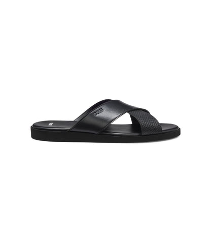 Boss Faux Leather Slides With Plain And Patterned Straps Black Black