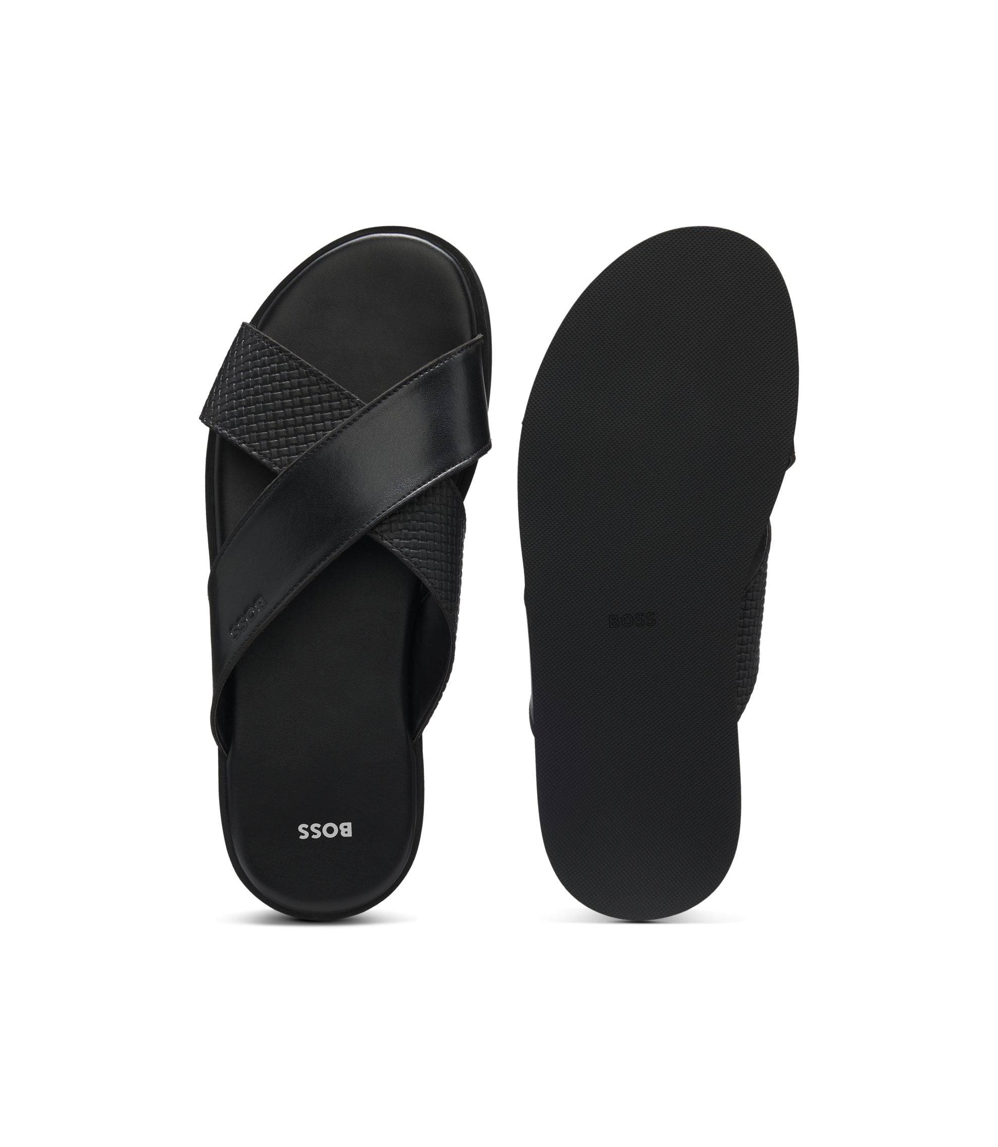 Boss Faux Leather Slides With Plain And Patterned Straps Black Black