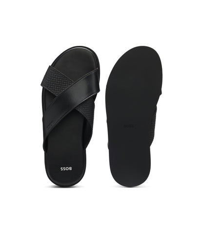 Boss Faux Leather Slides With Plain And Patterned Straps Black Black