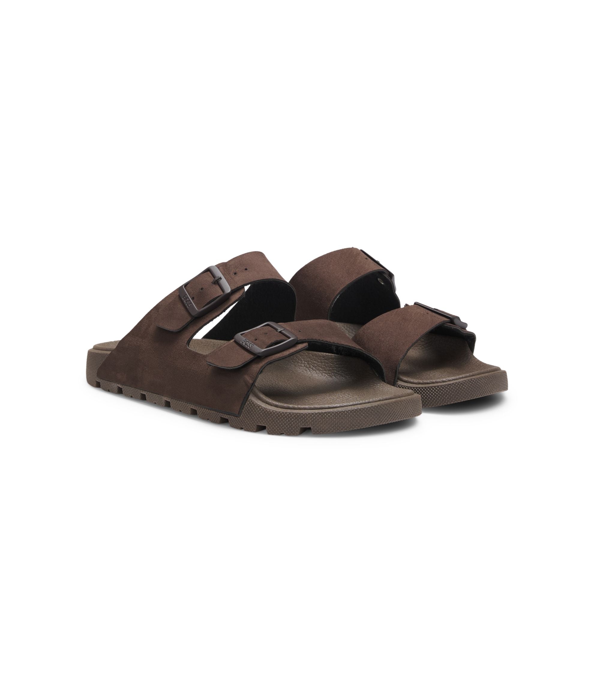 Boss Two Strap Slides With Branded Buckles Dark Brown Dark Brown