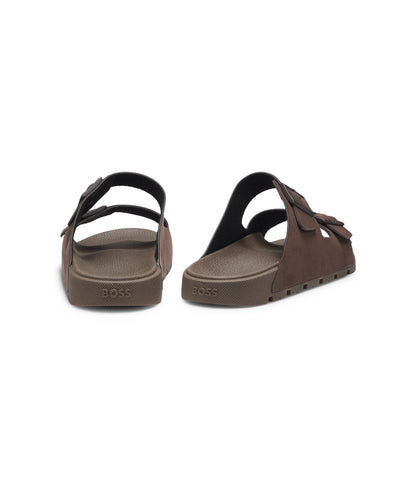 Boss Two Strap Slides With Branded Buckles Dark Brown Dark Brown