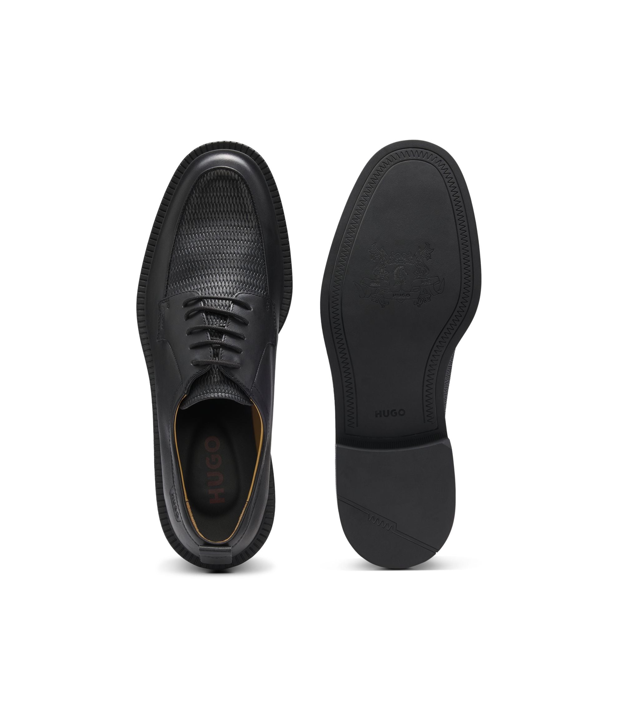 Hugo Derby Shoes In Leather With Straw Print Vamp Black Black