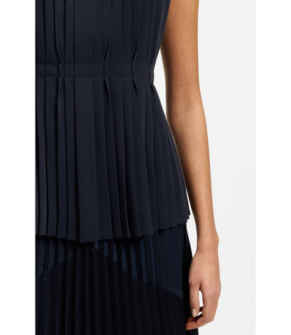 Boss Sleeveless Crepe Blouse With Pleats Dark Blue Women's