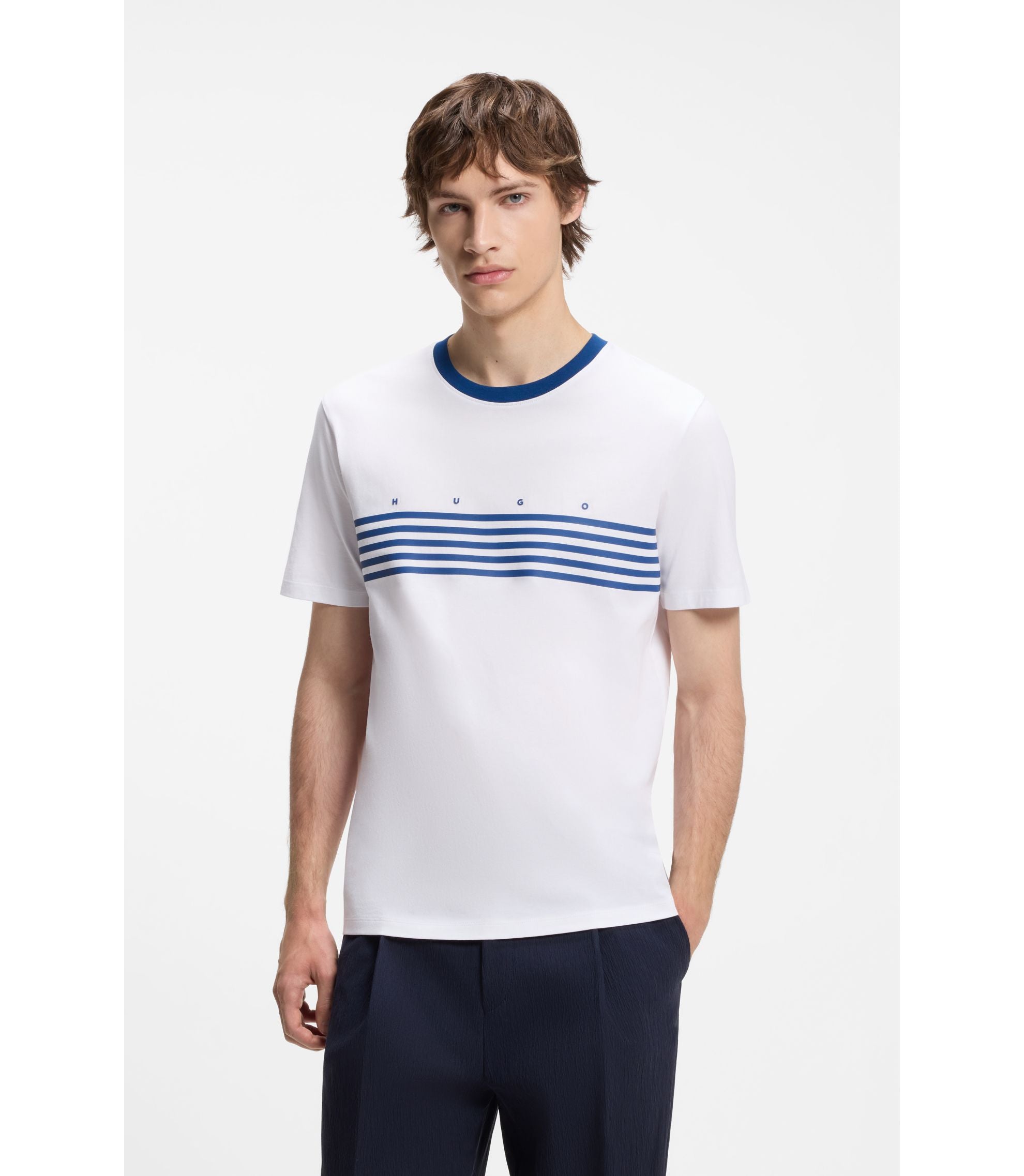 Hugo Cotton T Shirt With Printed Stripes White