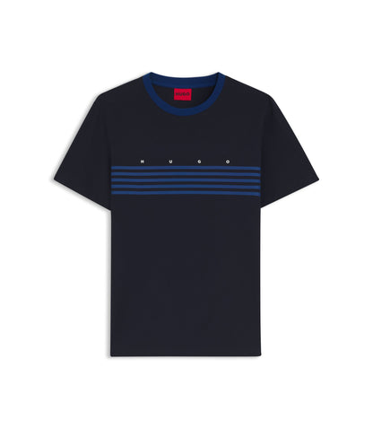 Hugo Cotton T Shirt With Printed Stripes Dark Blue