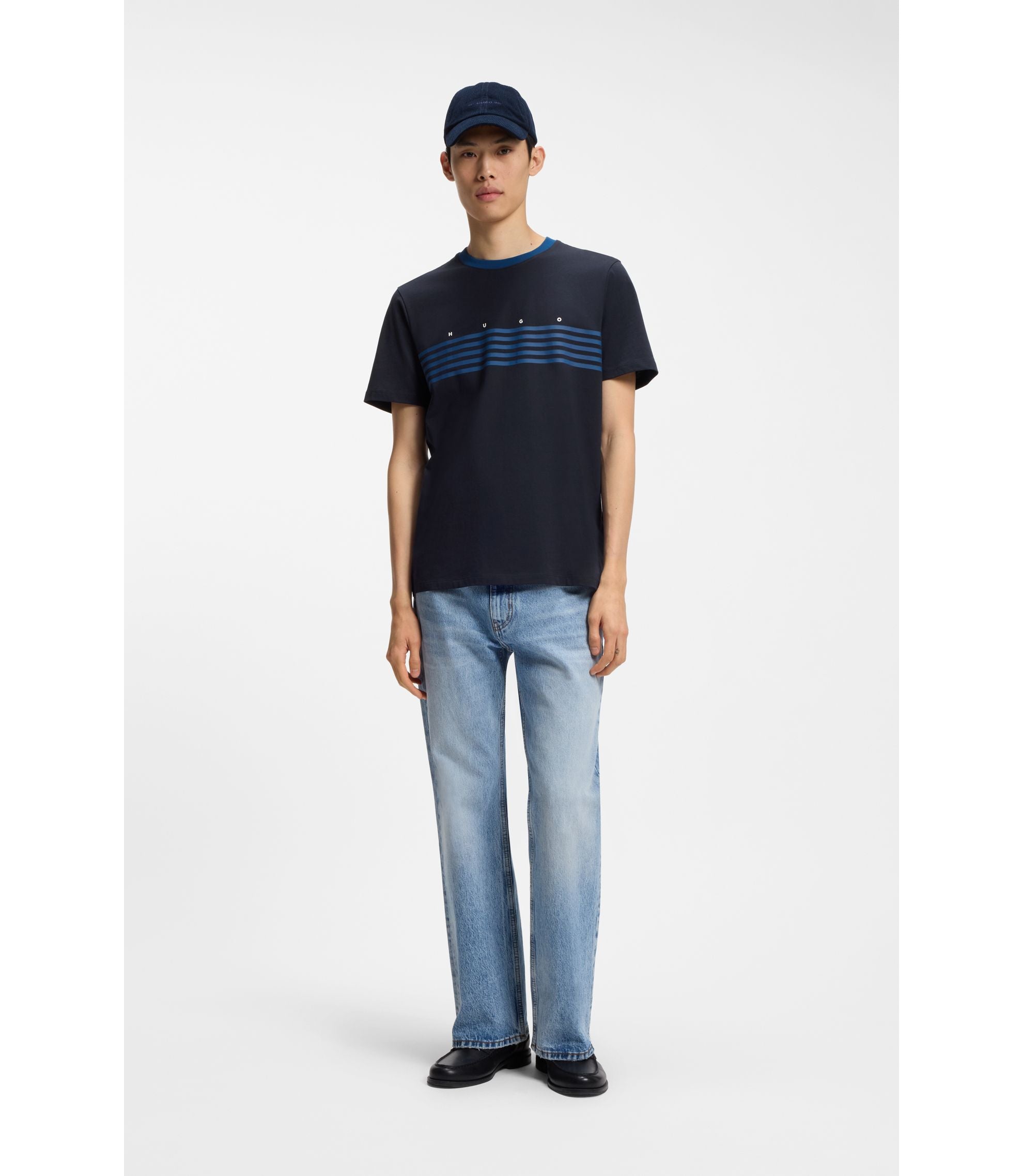 Hugo Cotton T Shirt With Printed Stripes Dark Blue