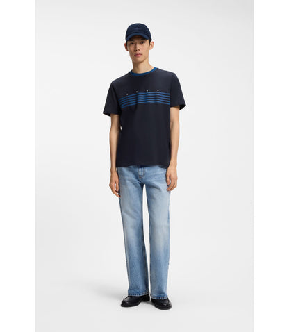 Hugo Cotton T Shirt With Printed Stripes Dark Blue