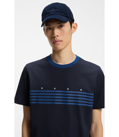 Hugo Cotton T Shirt With Printed Stripes Dark Blue