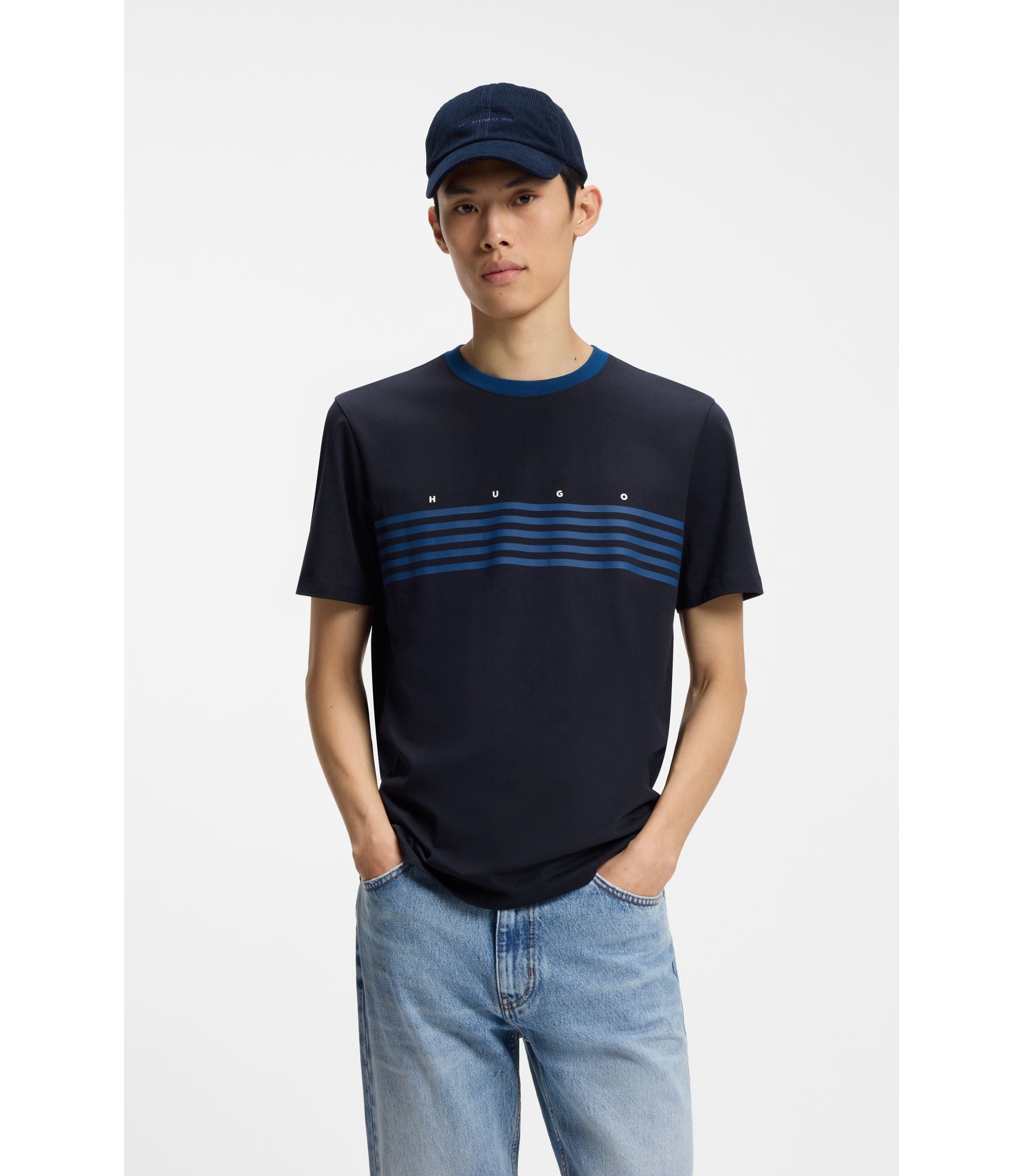 Hugo Cotton T Shirt With Printed Stripes Dark Blue