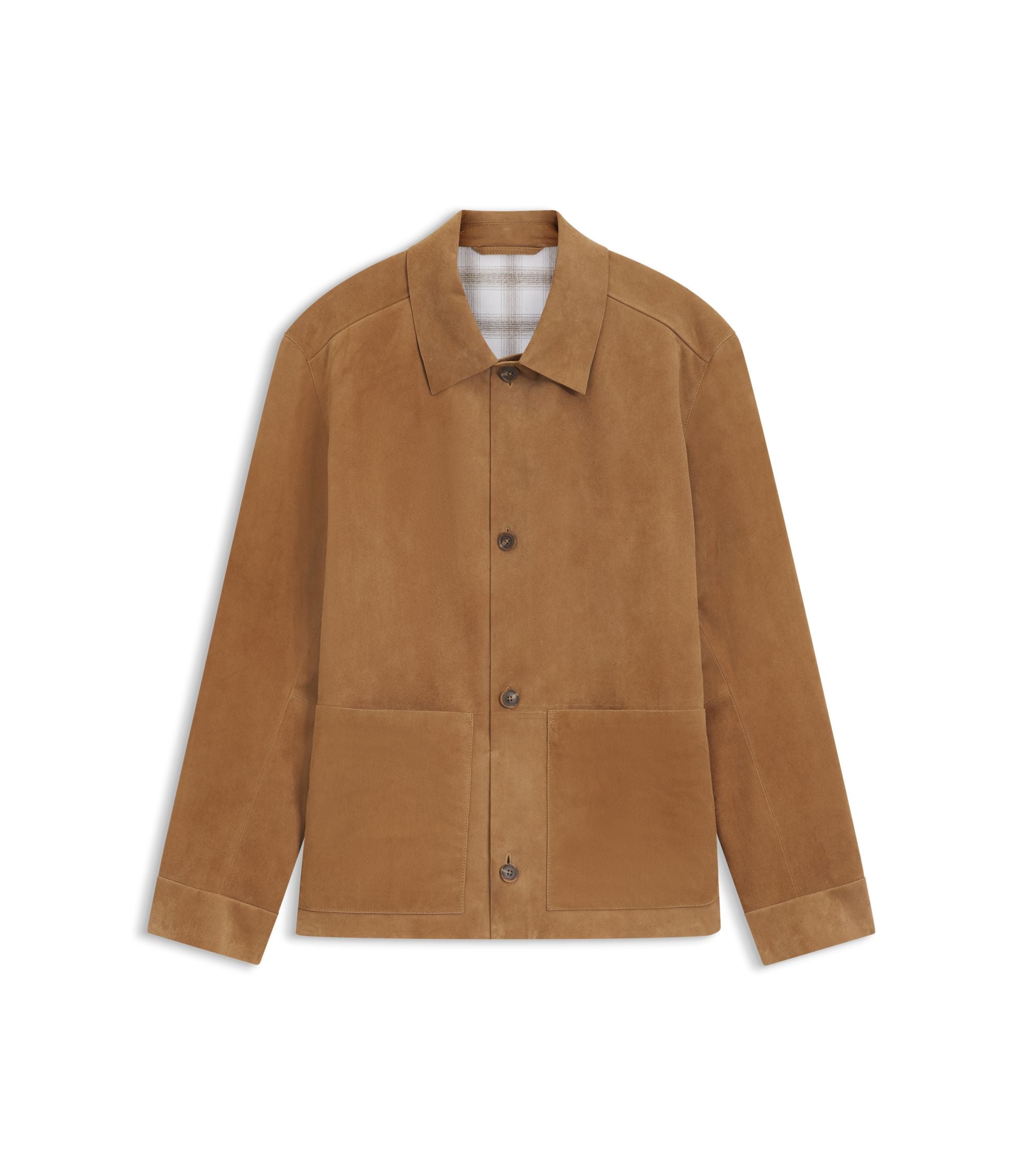Boss Button Up Suede Jacket With Checkered Lining Beige