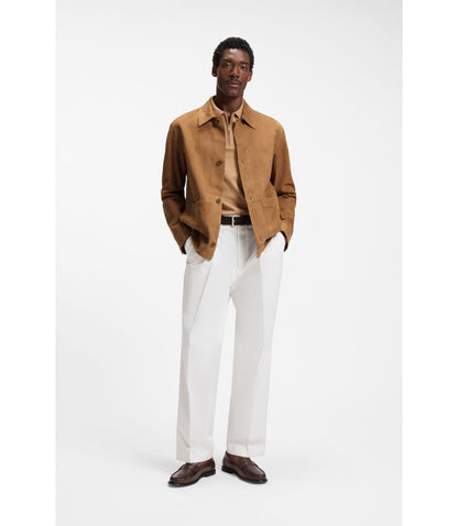 Boss Button Up Suede Jacket With Checkered Lining Beige