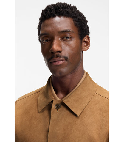 Boss Button Up Suede Jacket With Checkered Lining Beige