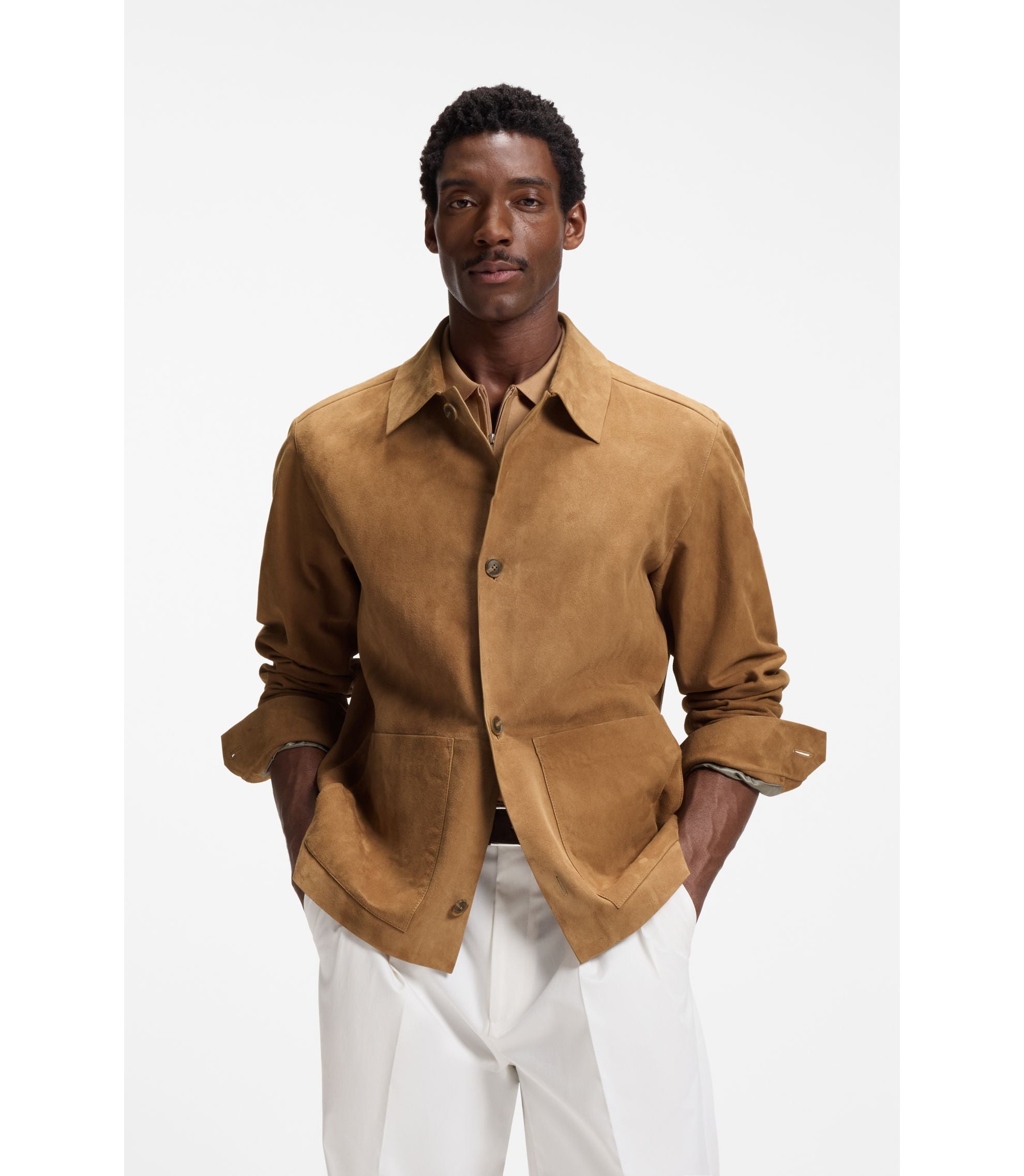 Boss Button Up Suede Jacket With Checkered Lining Beige