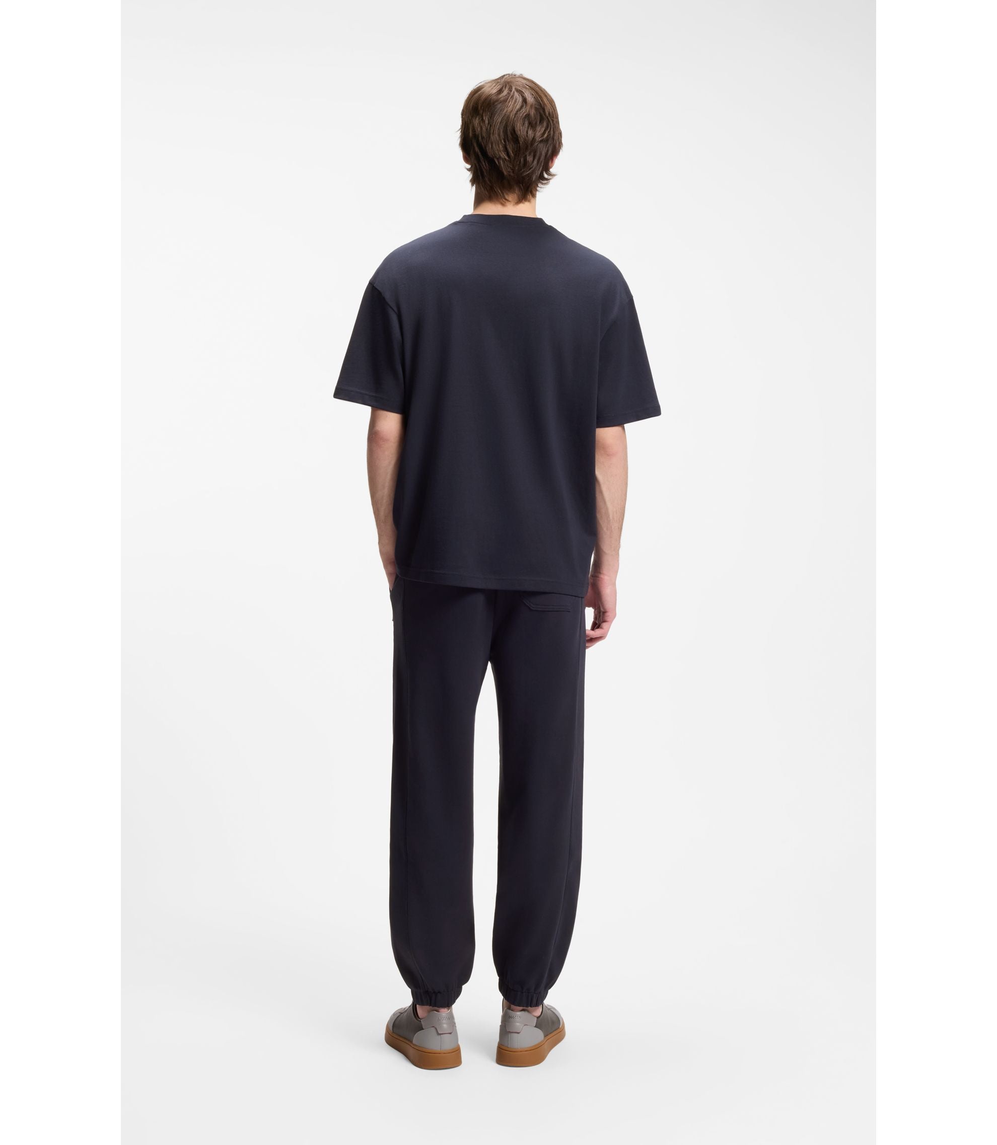 Hugo Loose Fit T Shirt In Cotton With Suede Logo Badge Dark Blue
