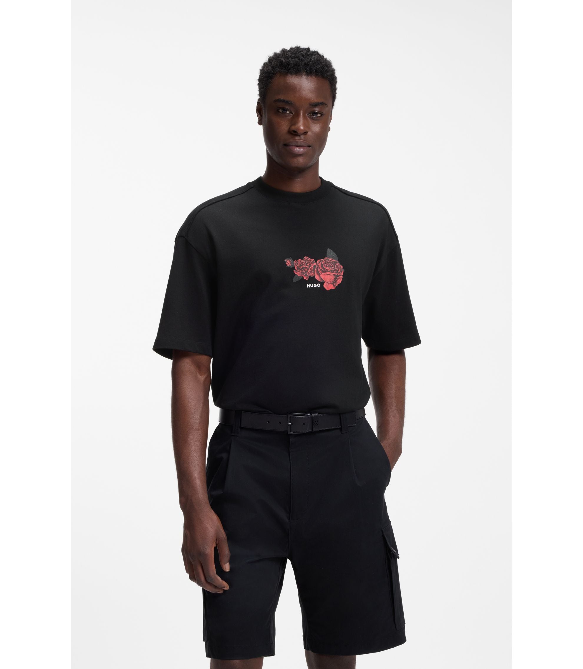 Hugo Rose Artwork T Shirt In Cotton Jersey Black
