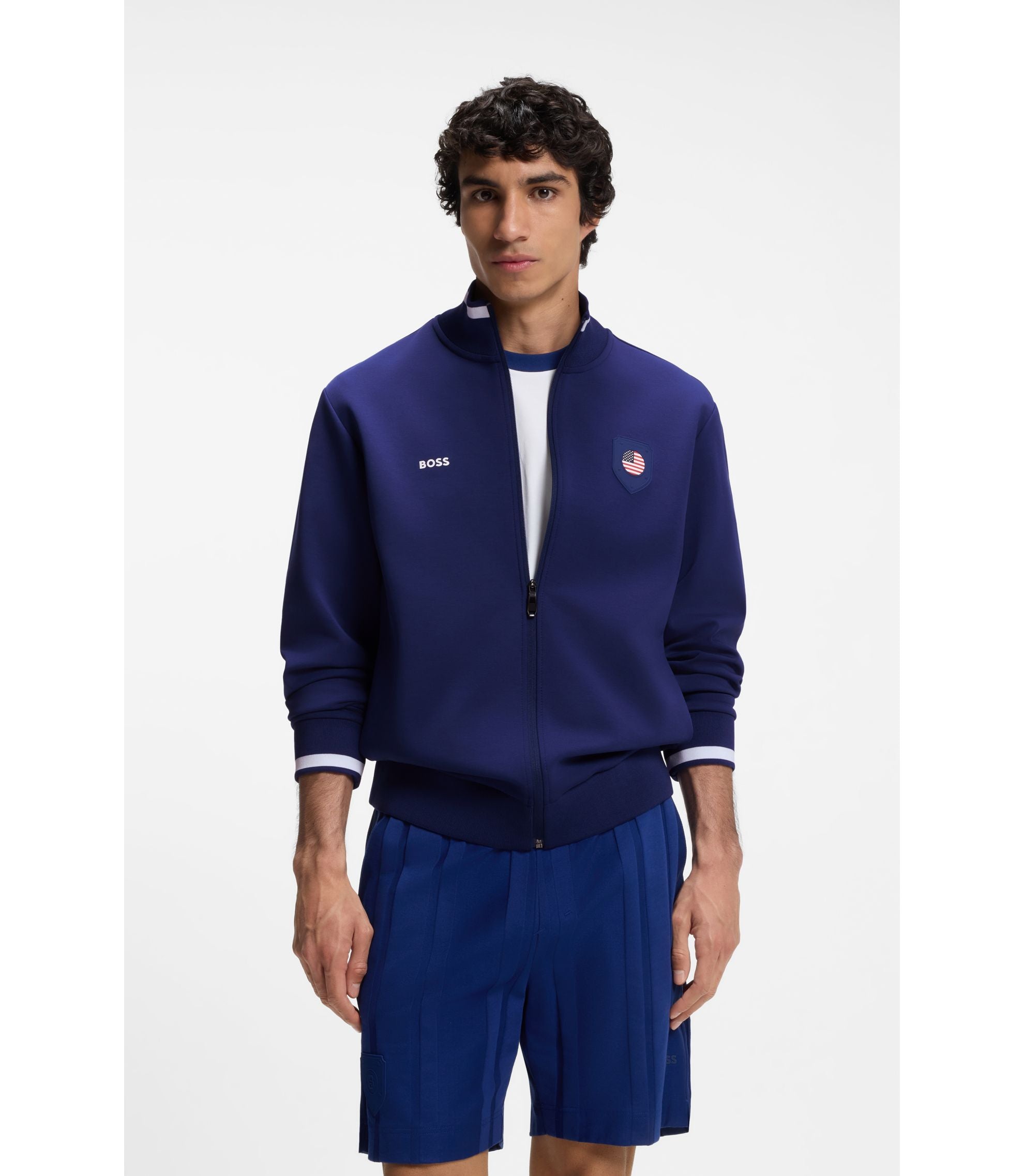 Boss Cotton Blend Zip Up Sweatshirt With Country Flag Badge Usa