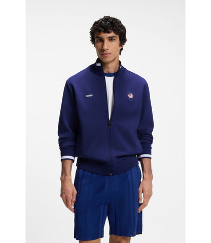 Boss Cotton Blend Zip Up Sweatshirt With Country Flag Badge Usa