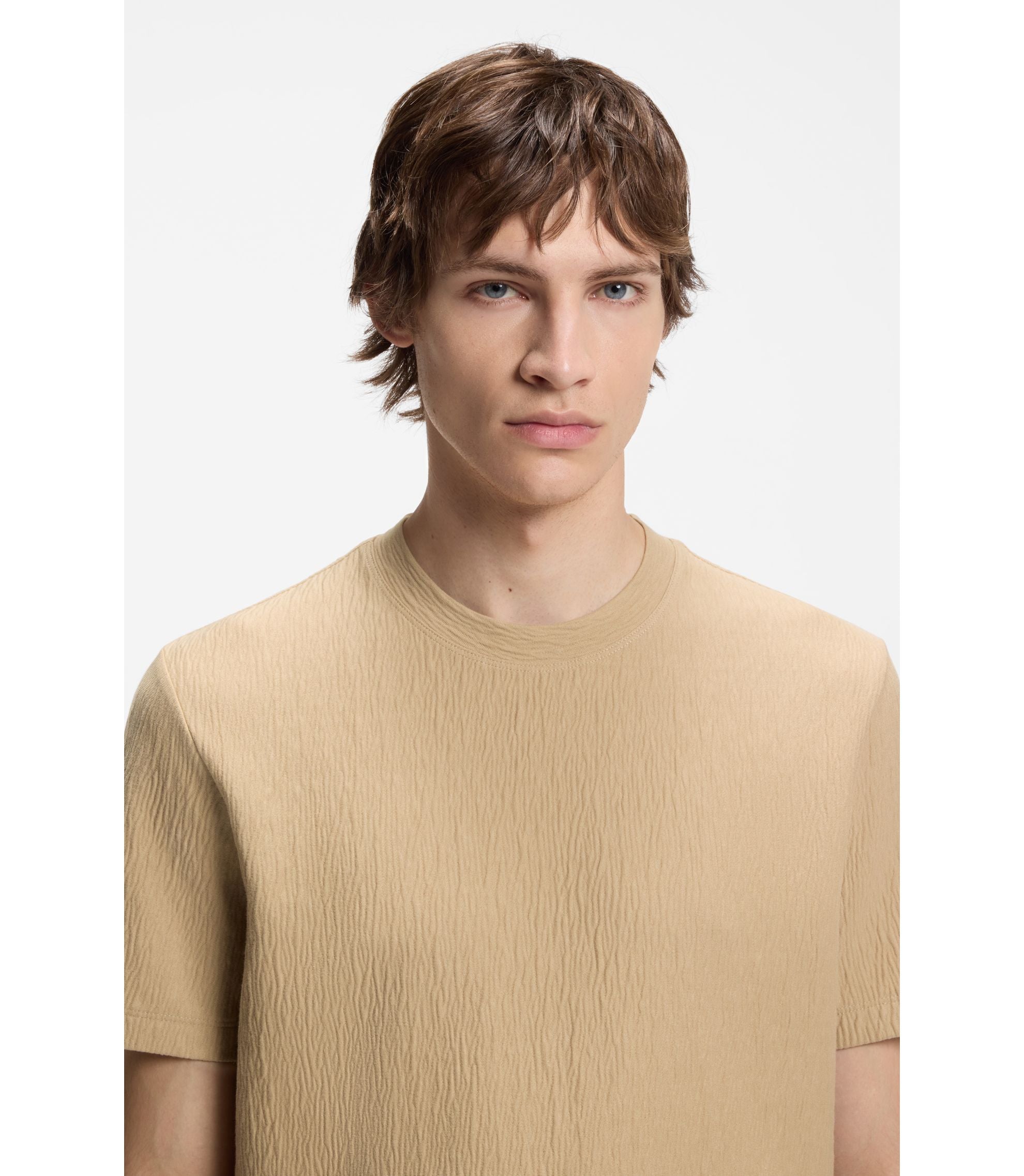 Hugo Cotton Blend T Shirt With Creased Effect Beige