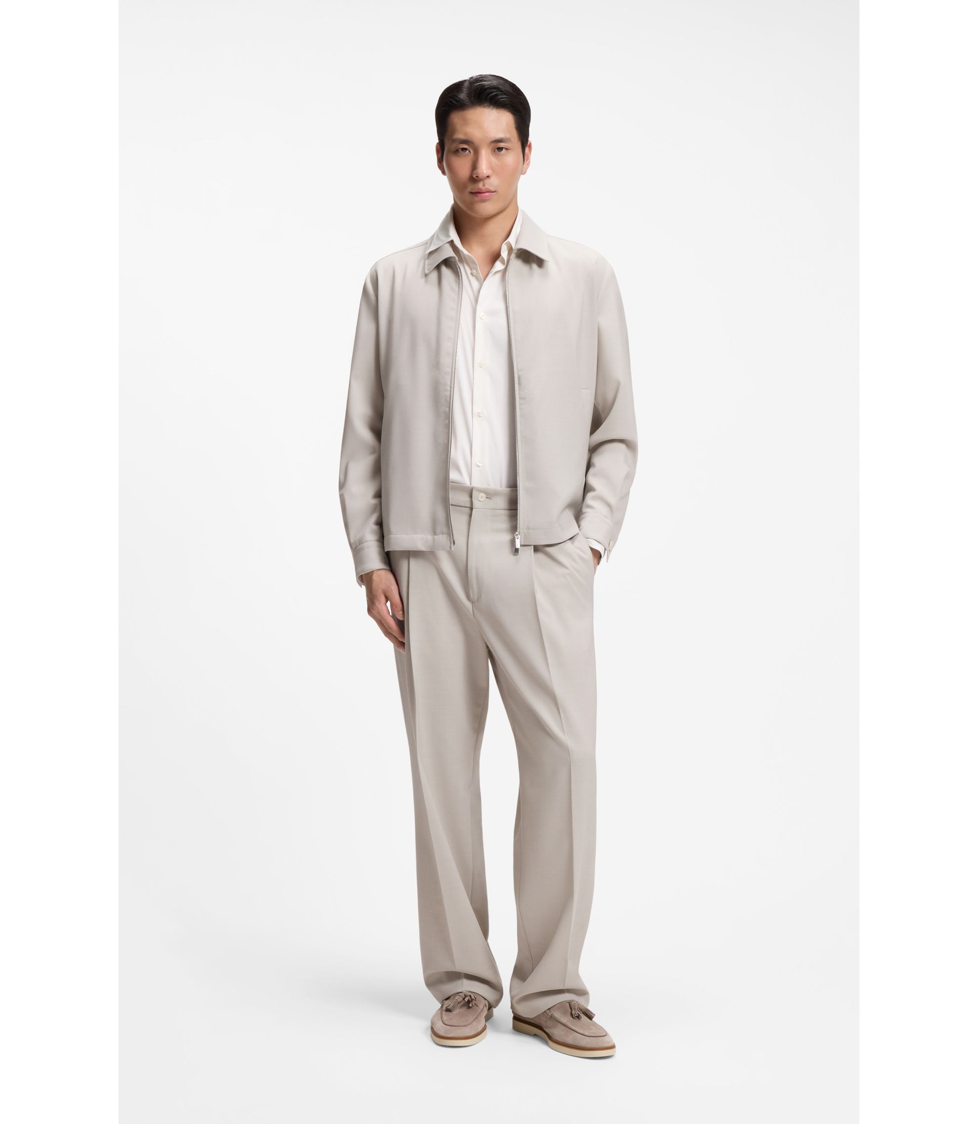 Boss Relaxed Fit Zip Up Jacket In Patterned Virgin Wool Light Beige